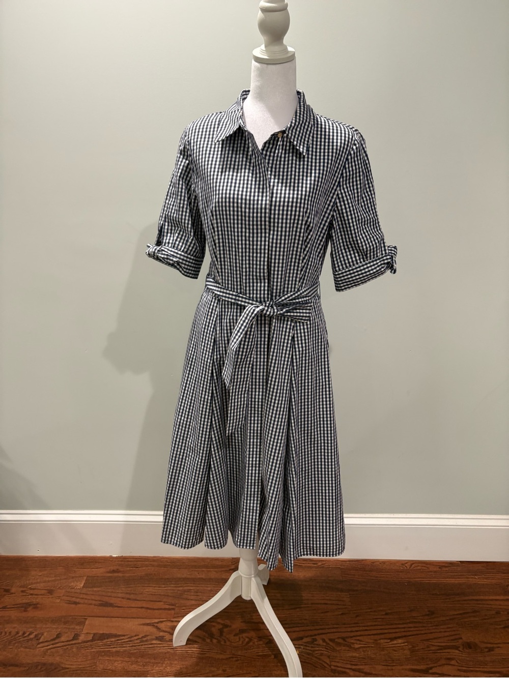 CALVIN KLEIN Checkered Print Tie Waist Dress Side Pocket Black/White